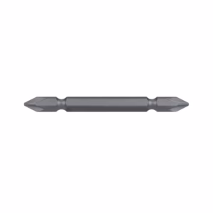 Double-ended screwdriver bit in gray metal with two interchangeable tip ends for driving screws.
