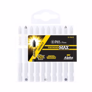 Ten-pack of 75 mm ThunderMax impact screwdriver bits in a clear plastic case by Alpha (white bits with yellow/black packaging).