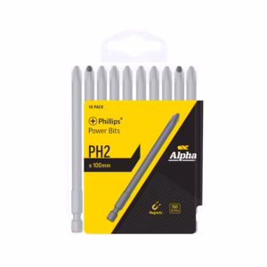 PH2 Phillips power-bit set in a yellow and black packaging, 10-pack screwdriver bits (100 mm) by Alpha/Phillips Power Bits
