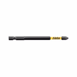 Interchangeable screwdriver bit with a black shaft and a yellow Alpha label, tip visible at right.