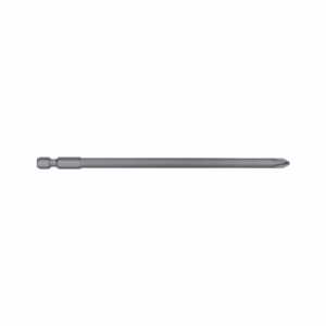 Long metal screwdriver bit with hex shank and flat-head tip laid horizontally on a white background.