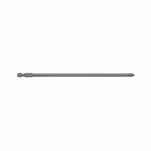 Long gray precision screwdriver bit lying horizontally, with a short hex handle on the left and a narrow tip on the right.