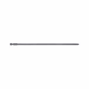 Long gray screwdriver/ drill bit with hex shank extending across the image
