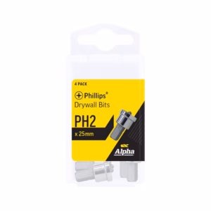 Phillips drywall bit set, PH2 x 25mm, 4-pack in yellow packaging with metal bits showing