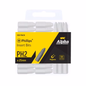 Phillips insert bit set, 100-pack, PH2 size, 25mm, magnetic with yellow/black packaging shown on box label S2 Alpha brand
