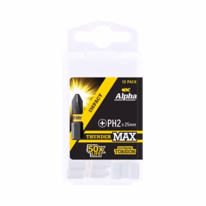 Alpha Thunder Max PH2 drill bit set, 10-pack in a white plastic case (25 mm bits) for impact drivers