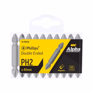 Ten-pack Alpha screwdriver bits: Phillips PH2, double-ended, 45 mm each, in yellow/black packaging (magnetic).