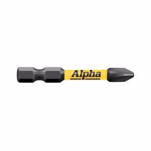 Two-ended screwdriver bit with a yellow Alpha label in the middle and dark gray ends