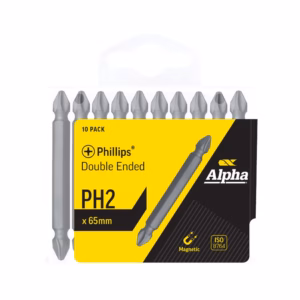 Pack of 10 PH2 double-ended screwdriver bits (65mm) by Alpha in yellow/black packaging