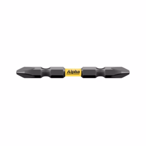 Double-ended screwdriver bit bar with two different bits and a yellow Alpha center band, used to drive screws.