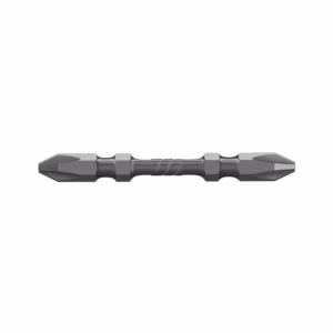 Double-ended screwdriver bit with two opposite tips and a knurled center grip on a gray bar.