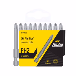 PH2 Phillips power bits, 10-pack (65mm), Alpha brand in yellow/black packaging with one bit outside the pack