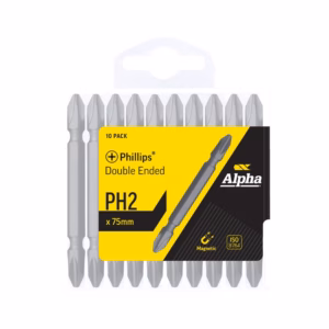 Ten-pack of PH2 Phillips screwdriver bits, 75 mm, in yellow Alpha packaging.