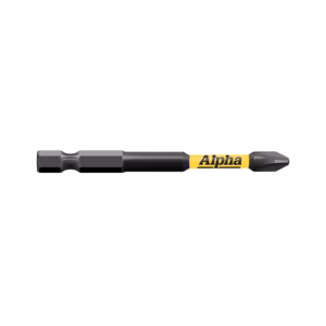 Alpha-branded screwdriver with interchangeable bits and yellow label on a black handle