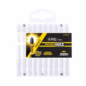 Pack of 10 Alpha ThunderMax 75 mm darts with black and yellow packaging and translucent shafts/points in a clear case.