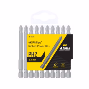 Ten-pack of Phillips ribbed power bits, PH2, 75mm, in yellow-black packaging