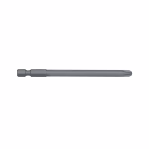 Long gray drill bit with hex shank and cutting tip for metal drilling used in power drills.