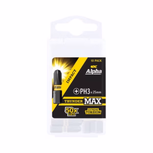 Ten-pack Alpha Thunder Max PH3 screwdriver bits, 25 mm, with extreme torsion design in a white case