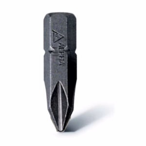 Close-up of a metal screwdriver bit standing upright on a white background.