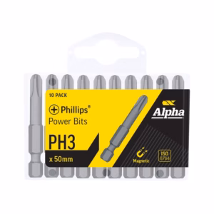 10-pack PH3 Phillips power bits (50 mm) in a yellow-and-black packaging, magnetic
