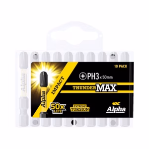 10-pack Alpha ThunderMax PH3 50mm screwdriver bits in black-yellow packaging