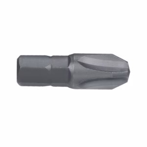 Metal screwdriver bit with hex shank and multi-faceted tip, isolated on white background.