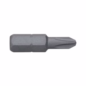 Metal screwdriver bit with a hexagonal shank and a narrow driving tip, gray finish