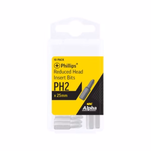 Product image: 10-pack of Phillips PH2 reduced-head insert bits (25 mm) in a white case with yellow label and black accents, Alpha brand.