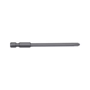 Long gray screwdriver bit with a hex shank and a slender, flat-bit tip on the right side, for driving screws.