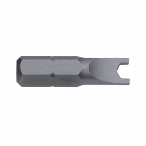 Metal screwdriver/bit with a hexagonal body and a forked U-shaped tip for prying or driving connectors.