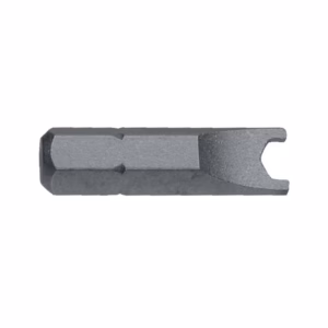 Close-up of a gray metal tool component with a U-shaped notch on the right side.