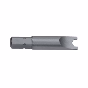 Metal machined tool bit with a hex-shank on the left and a forked, open-ended tip on the right (specialized bit).