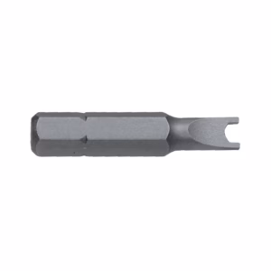 Metal driver bit with hex shank and forked two-prong tip for fastening screws.