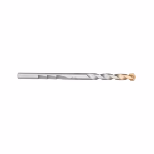 Horizontal twist drill bit with a silver body and gold-tinted tip, used for drilling metal or wood.