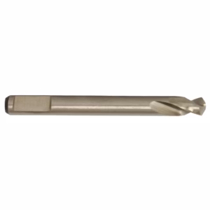 Horizontal metal twist drill bit on a white background, used for drilling holes in metal or wood