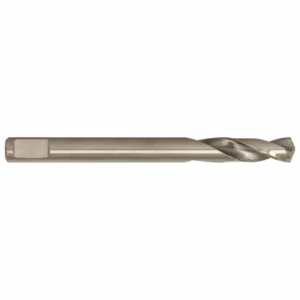 Side view of a metal twist drill bit with helical flutes used for drilling holes, long and silver in color