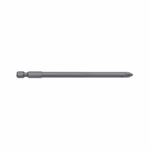 Long metal drill bit with hexagonal shank and pointed cutting tip, laid horizontally on a white background