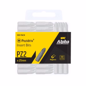 Pack of 100 Pozidriv PZ2 25mm insert bits in a yellow-and-black Alpha package