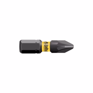 Horizontal screwdriver bit with a black metal tip and a yellow Alpha label around the shaft.
