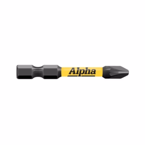 Interchangeable-bit screwdriver with a yellow Alpha branding band and gray handle.