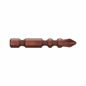 Long brown metal screwdriver/drill bit laid horizontally with a multi-faceted tip.