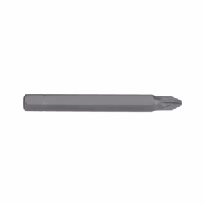 Gray metal drill bit laid horizontally with a pointed cutting tip and fluted end.