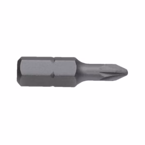 Metal screwdriver bit with a Phillips cross-head tip, shown in a refroid gray finish.