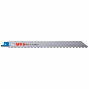Metal saw blade with a blue mounting end, serrated edge, labeled '4022 MPS Made in Germany'