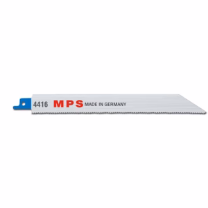 Slim metal saw blade with blue mounting tab, stamped '4416 MPS Made in Germany' and fine teeth along the edge.