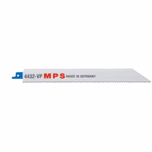 Saw blade with blue mounting tab, labeled "4432-VP MPS Made in Germany" and serrated cutting edge