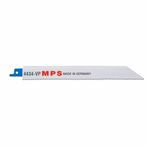 Saw blade with blue mounting tab, labeled 4434-VP MPS Made in Germany, with serrated edge extending to the right.
