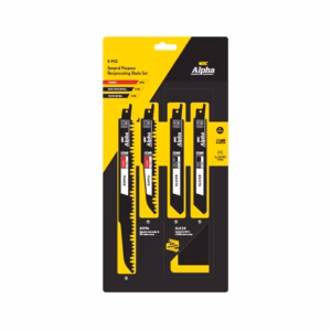 8-piece Alpha general purpose reciprocating blade set in yellow and black packaging with assortment of blades visible