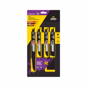 Eight-piece Alpha Destructors reciprocating blade set in yellow and black packaging for demolition promotional blister pack