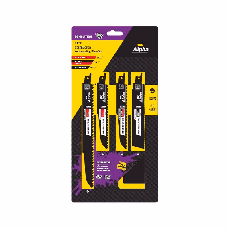 RDD-SET8 - Alpha Tools Eight-piece Alpha Destructors reciprocating blade set in yellow and black packaging for demolition promotional blister pack